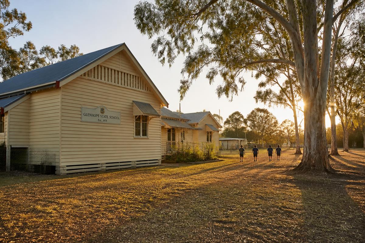 Regional Australian school building at golden hour with students crossing the yard