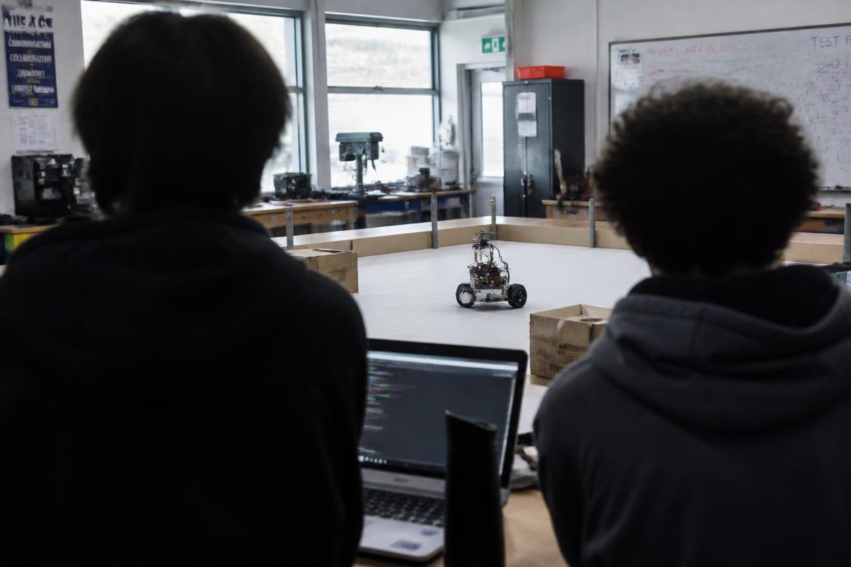 Secondary students testing a small robot in a school makerspace