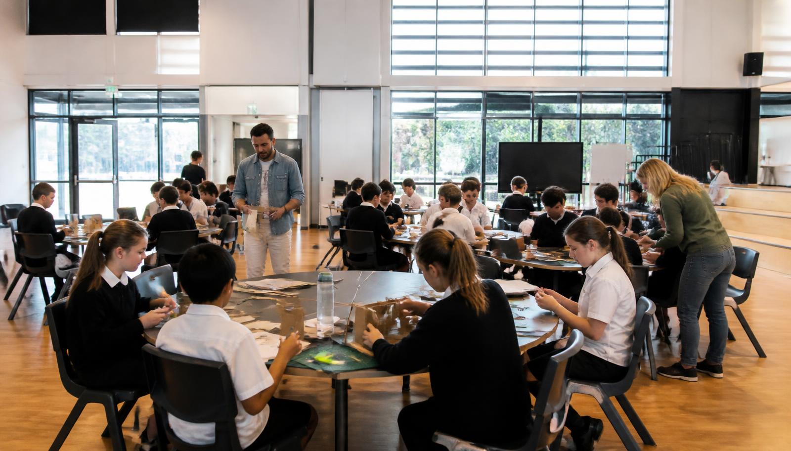 Students at tables with cardboard and model-making materials during a hands-on creative workshop in a school hall.